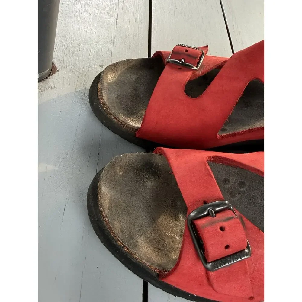 Mephisto Red Leather Nubuck Wedge Slide Sandals Shoes Womens Size EU 38 US 7
